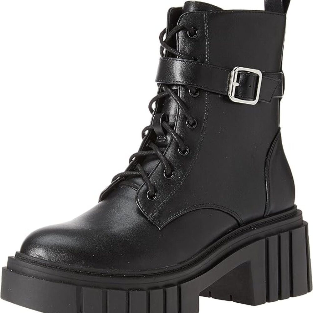 The Drop Women's Koi Buckle Lace Up Black Platform Combat Boots - Size 8
